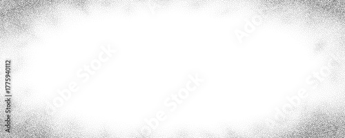 Stippled sand grain gradient texture. Fading sprayed dot frame background. Grunge dotted noise pattern wallpaper with zoom effect. Radial border overlay. Vector vignette grainy halfton patern backdrop