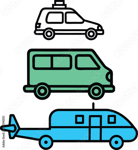 Set of stylized cartoon vehicles including a white car green van and blue helicopter on a white background
