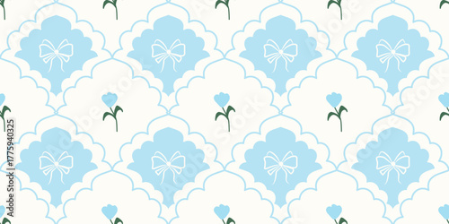 Coquette Floral trellis seamless pattern with bows and ribbons. Preppy spring summer hand drawn flowers. Botanical elegant trendy print. Vintage design for fabric, wallpaper, decor, background, paper