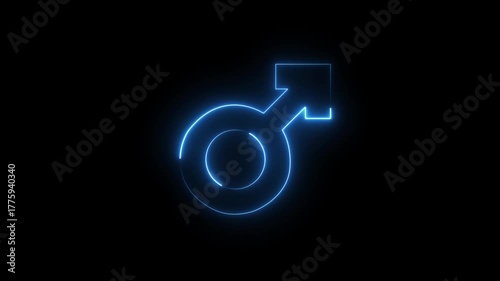 Glowing blue neon male gender symbol line art animation icon. Male sign. Masculinity concept. Gender identity symbol. 4K looping motion graphic.
