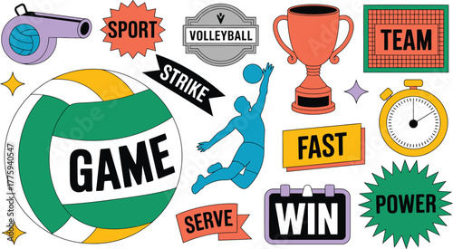 Vibrant Volleyball Game Elements Serve, Strike, Team, Trophy, Power, Fast, Win, and Athlete Illustration