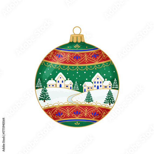 Pixel art 8-bit Christmas bauble illustration with a winter village scene, festive and charming
