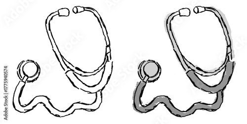 Grunge sketch hand-drawn vector stethoscope. Ideal for cardiologists, doctors, and health examination themes. This graphic symbolizes diagnosis and medical care with a distressed, rough aesthetic.