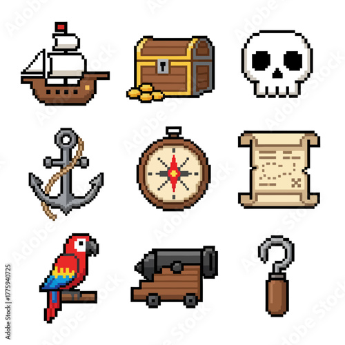 Collection of 8-bit pirate themed pixel art icons. This isolated icon set features a ship, skull, treasure map, and anchor for gaming