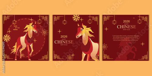 Festive 2026 Chinese New Year event poster layout. A bold, central red mythological horse illustration on a rich red background with golden typography.