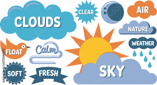 Whimsical Weather Cartoon Clouds, Sun, Moon, Bird, Raindrops and Nature Related Terms Illustration