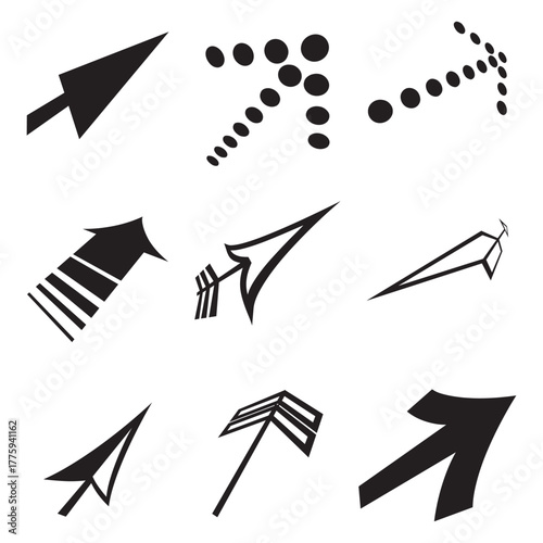 Collection of black arrows and paper airplanes on a white background