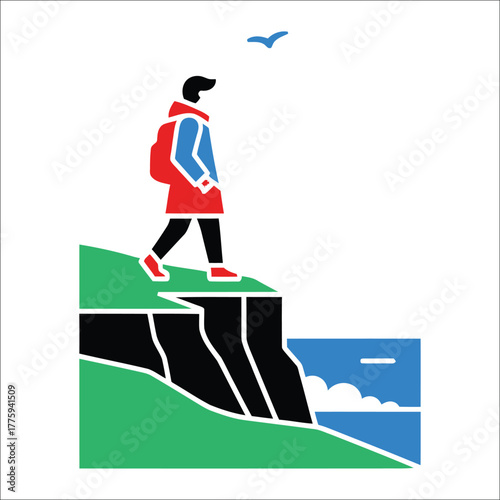 Minimalist Vector Illustration Of A Hiker Enjoying The Coastal Landscape View