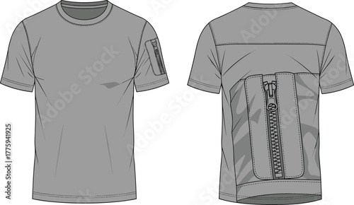 Technical CAD t-shirt design with front and back view, zipper pocket details, streetwear fashion tee, modern apparel sketch, cad drawing flat vector illustration