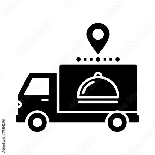 Food delivery truck service restaurant catering business location pinpoint fast shipping transport vehicle icon