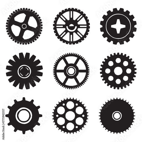 Collection of nine black gears arranged in a grid pattern
