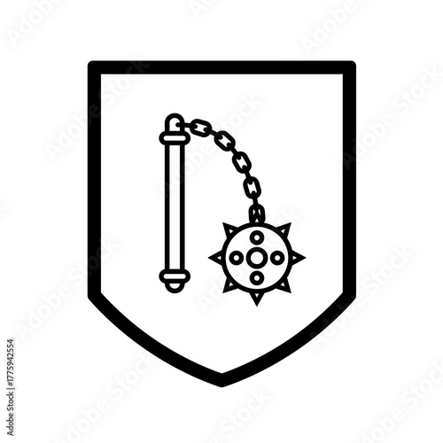 Medieval flail weapon drawing for heraldry and coat of arms design in black and white illustration style icon