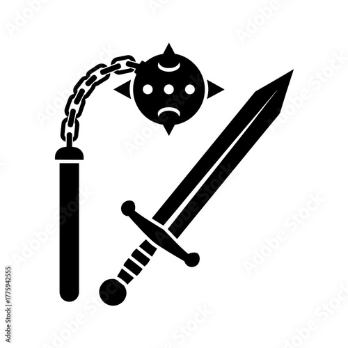 Medieval weapons flail and sword illustration for fantasy games and historical artwork and design projects icon