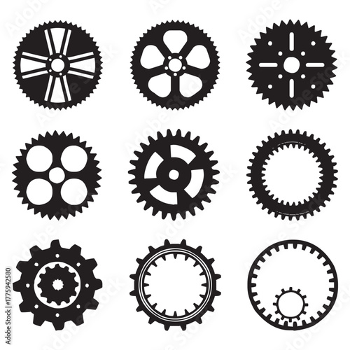 Collection of various black and white mechanical gear designs isolated on white