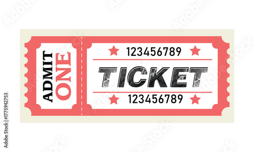 Red and white admit one ticket with stars, vintage event entry pass design