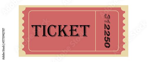 Red vintage event ticket with black text, retro admit one pass illustration