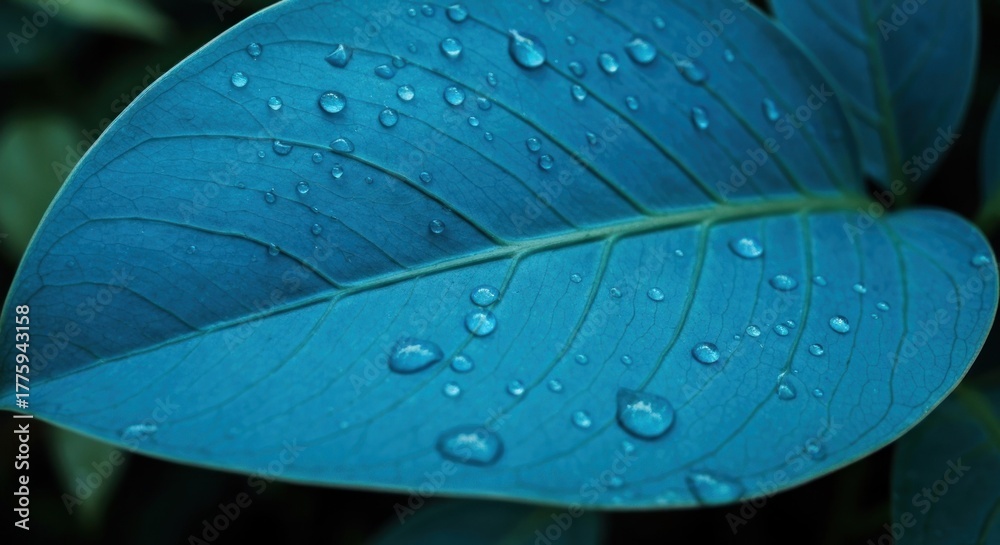 Obraz premium Close-up of a blue leaf with water droplets, detailed texture & dark shadows