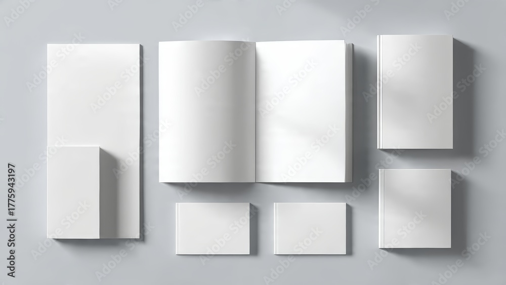 Fototapeta premium Various blank white books and notepads in different sizes and orientations