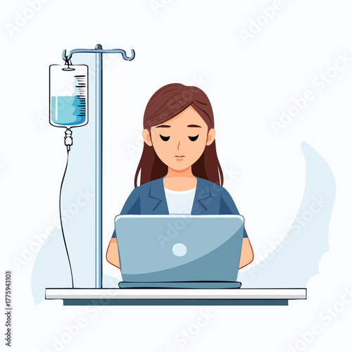 Overworked Woman Pushing Through Deadlines While Working on Laptop with an IV Drip
