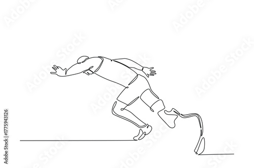 Disabled runner using a prosthetic leg in continuous one line drawing. Single line art illustration of Disability runner using a prosthetic leg. Editable vector.