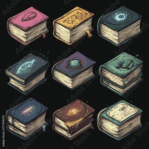 Mystical grimoires and arcane tomes collection for fantasy game development   , vector style simple color
