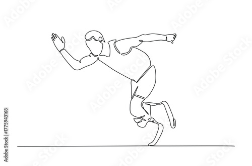 Disabled runner using a prosthetic leg in continuous one line drawing. Single line art illustration of Disability runner using a prosthetic leg. Editable vector.