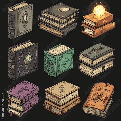 Mystical grimoires and arcane tomes collection for fantasy game development   , vector style simple color