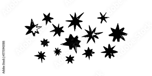 Sparkling stars illustration. Dark ink drawn stars with various shapes and sizes in a cluster, like a small galaxy.