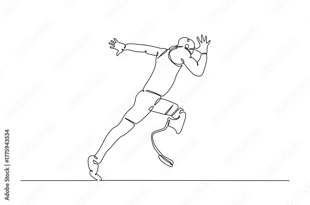 Fototapeta premium Disabled runner using a prosthetic leg in continuous one line drawing. Single line art illustration of Disability runner using a prosthetic leg. Editable vector.