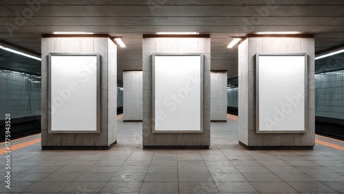 Empty white billboards on concrete pillars at a subway station platform
