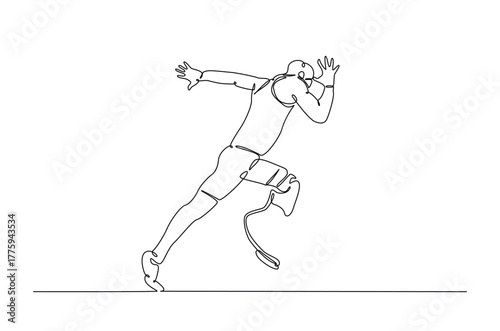 Disabled runner using a prosthetic leg in continuous one line drawing. Single line art illustration of Disability runner using a prosthetic leg. Editable vector.