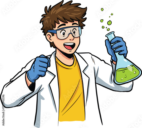 Young male scientist excitedly conducting chemistry experiment in laboratory with green chemical reaction and science education concept illustration