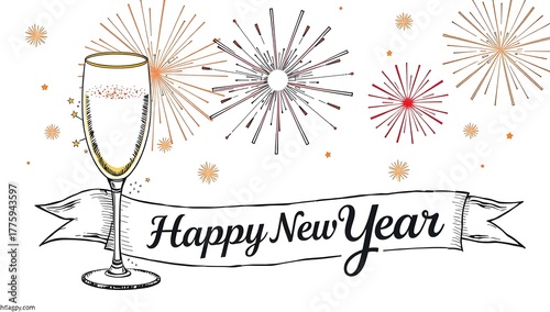 Stylish vintage hand-drawn illustration set featuring classic New Year party elements