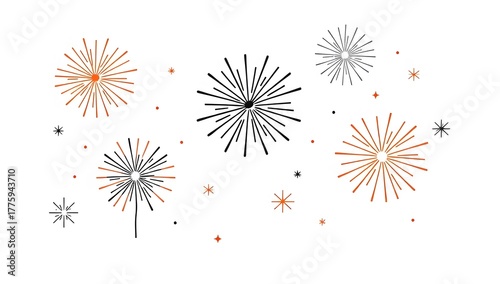 Clean and modern hand-drawn fireworks and sparkles icon set, ideal for holiday patterns, posters, and festive graphic design
