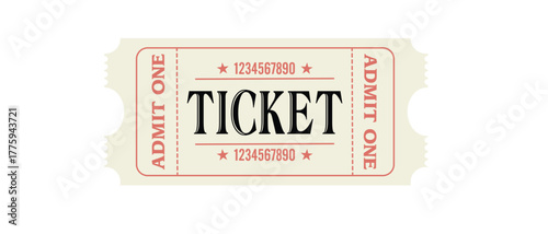 Vintage admit one ticket illustration in beige and red, retro style event pass, classic cinema or theater entry ticket design isolated on white background