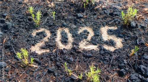 Young Green Sprouts Growing in Soil with 2025 Written in Sand