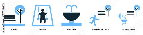 Set park icon vector. Collection representing outdoor recreation, nature, and public leisure areas. Great for urban planning, city maps, or travel application design interfaces.	