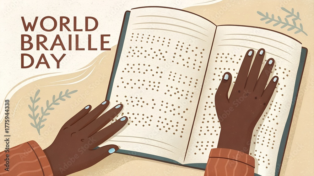 Naklejka premium World braille day celebration with hands reading a book