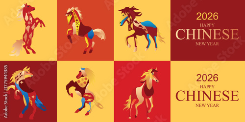 Traditional colorful stylized style vector for Chinese New Year 2026. Intricate red mythological horse illustration, ideal for elegant greeting cards and festive red envelopes.