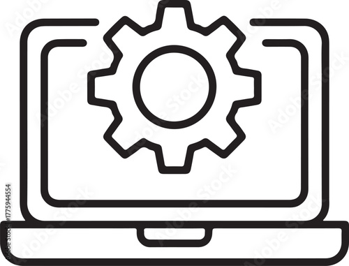 Laptop with gear icon representing technology and settings