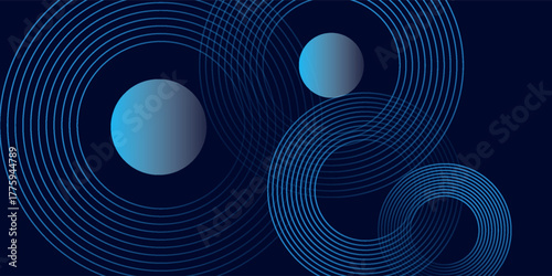 Blue abstract background with glowing circles. Circular swirling line pattern. Geometric spirals, and circles in the center of the circular pattern