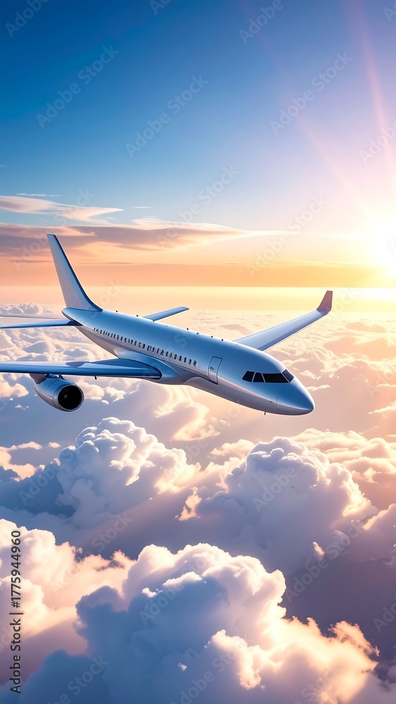 Fototapeta premium Futuristic Passenger Airplane Over Clouds