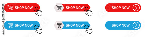 Collection of shop now buttons for online shopping, sales, and e-commerce websites. Includes shopping cart icons and click hand symbols for digital store marketing and advertising use. Shop, buy, icon
