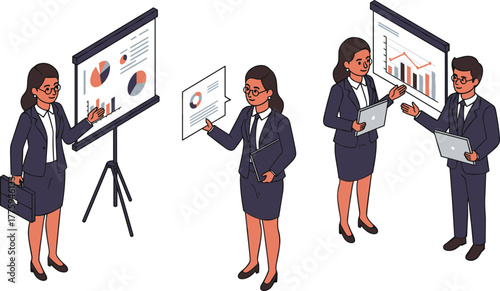 Isometric business professionals presenting charts and analyzing financial data with teamwork discussion in modern corporate office environment