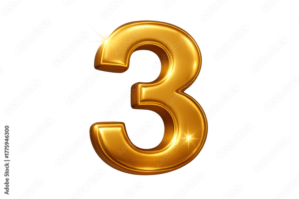 Fototapeta premium Golden number 3, an isolated 3d rendering of shiny metallic three on transparent background