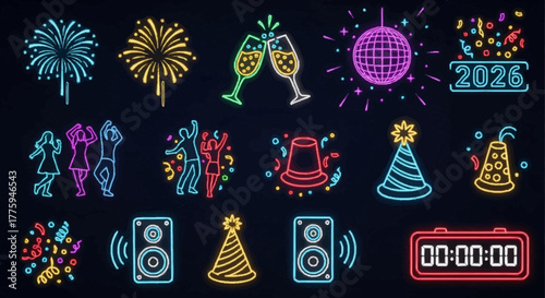 Set of glowing neon icons for a New Year's Eve 2026 celebration, featuring party elements like a disco ball, champagne, and a countdown clock