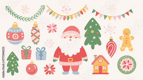 Festive Christmas Cheer with Whimsical Santa, Ornaments, and Decorations Ready for Holiday Magic and Joyful Celebrations, Originally a Scalable Vector Graphic