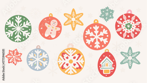 Festive holiday ornaments with delightful snowflakes and gingerbread man add winter cheer to seasonal designs, perfect for Christmas and New Year projects