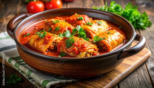 Fototapeta Naklejka Na Ścianę i Meble -  Golabki Polish Cabbage Rolls Stuffed With Ground Meat and Rice Simmered in Tomato Sauce Garnished With Fresh Parsley Served in a Rustic Clay Bowl