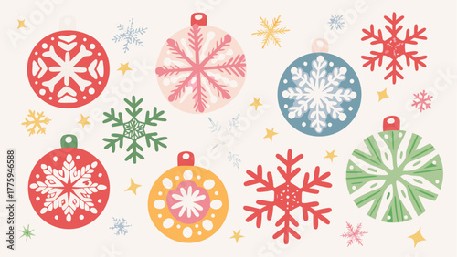 Cheerful hand-drawn Christmas ornaments and snowflakes create a festive holiday mood, perfect for seasonal greetings, crafts, or winter designs